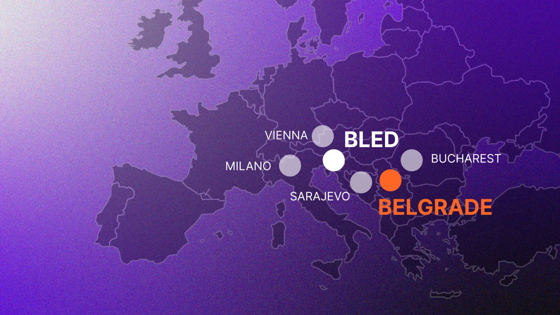 Money Talks tour map across Central and Eastern Europe: Bled, Belgrade, Vienna, Milano, Sarajevo, Bucharest
